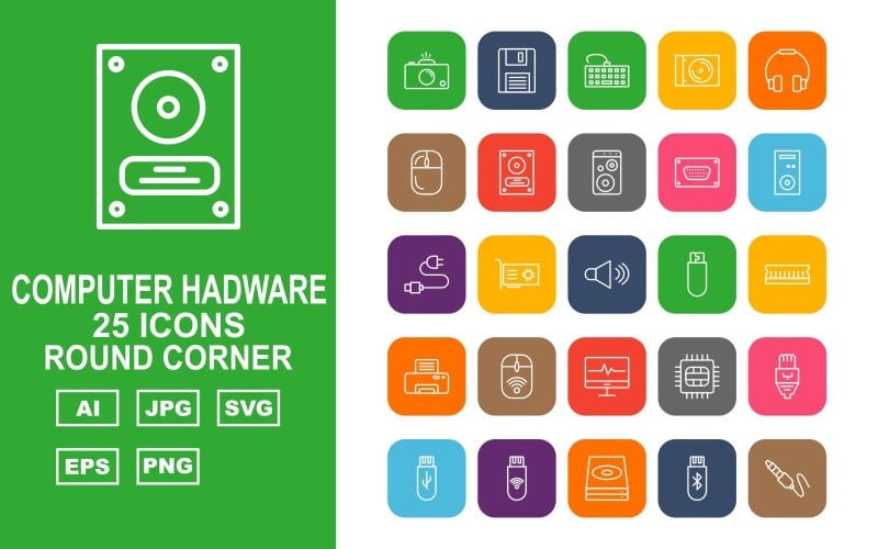 25 Premium Computer Hardware Round Corner Icon Set