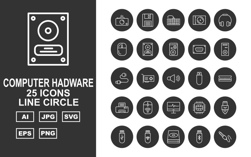 25 premium computerhardware lijn cirkel pictogramserie