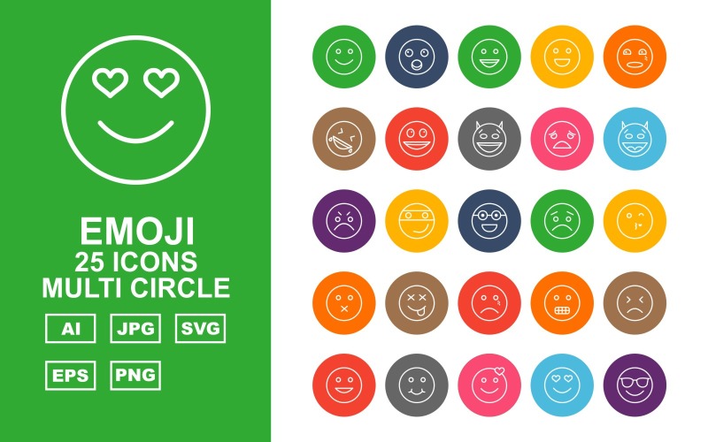 Download Набор иконок "25 Premium Emoji Multi Circle Icon Set" / 25 Premium Emoji Multi Circle Icon Set - Набор иконок на тему social media smile,laugh,angry,sad,glasses,kiss,mute,dead,crying,ninja,vomiting,cute,happy,love,looking,cool,shock,laughing,devil,sick