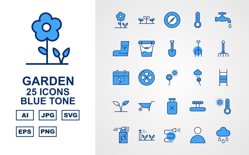 Download Набор иконок "25 Premium Garden Blue Tone Icon Set" / 25 Premium Garden Blue Tone Icon Set - Набор иконок на тему nature flower,radiacion,hose,cloud,pot,sunflower,farming,seeds,house,plant,compass,thermometer,tap,boot,bucket,shovel,pitchfork,rake,calendar,ladder