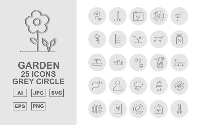 Download Набор иконок "25 Premium Garden Grey Circle Icon Set" / 25 Premium Garden Grey Circle Icon Set - Набор иконок на тему nature flower,radiacion,hose,cloud,pot,sunflower,farming,seeds,house,plant,compass,thermometer,tap,boot,bucket,shovel,pitchfork,rake,calendar,ladder