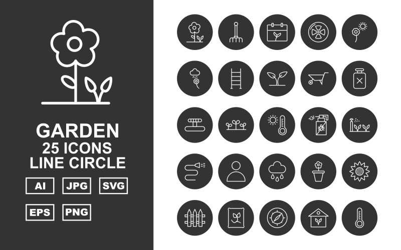 Download Набор иконок "25 Premium Garden Line Circle Icon Set" / 25 Premium Garden Line Circle Icon Set - Набор иконок на тему nature flower,radiacion,hose,cloud,pot,sunflower,farming,seeds,house,plant,compass,thermometer,tap,boot,bucket,shovel,pitchfork,rake,calendar,ladder