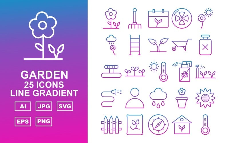 Download Набор иконок "25 Premium Garden Line Gradient Icon Set" / 25 Premium Garden Line Gradient Icon Set - Набор иконок на тему nature flower,radiacion,hose,cloud,pot,sunflower,farming,seeds,house,plant,compass,thermometer,tap,boot,bucket,shovel,pitchfork,rake,calendar,ladder