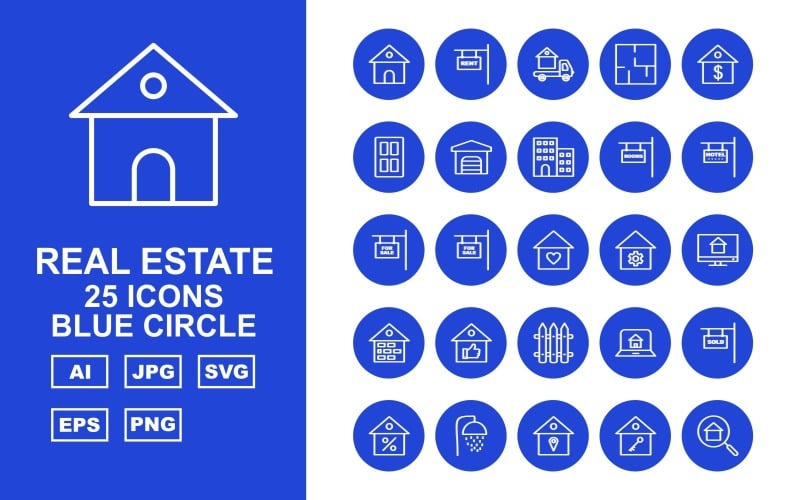 Download Набор иконок "25 Premium Real Estate Blue Circle Icon Set" / 25 Premium Real Estate Blue Circle Icon Set - Набор иконок на тему city home,appartment,sale,lcd,brick,like,fence,laptop,sold,shower,location,key,search,rent,delivery van,door,garage,building,rooms,hotel
