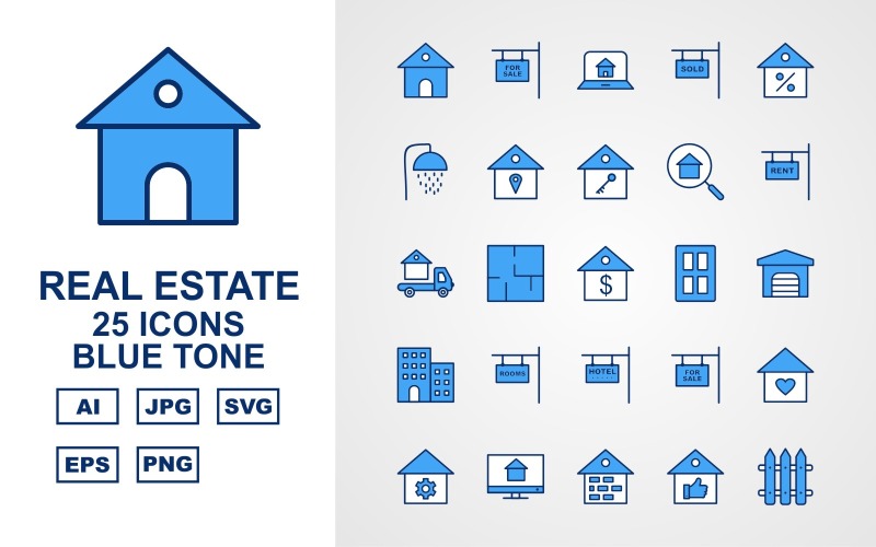 Download Набор иконок "25 Premium Real Estate Blue Tone Icon Set" / 25 Premium Real Estate Blue Tone Icon Set - Набор иконок на тему city home,appartment,sale,lcd,brick,like,fence,laptop,sold,shower,location,key,search,rent,delivery van,door,garage,building,rooms,hotel