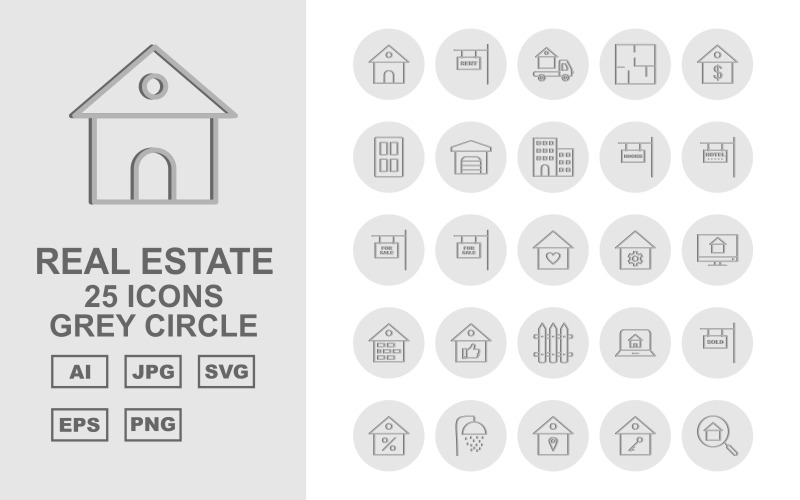 Download Набор иконок "25 Premium Real Estate Grey Circle Icon Set" / 25 Premium Real Estate Grey Circle Icon Set - Набор иконок на тему city home,appartment,sale,lcd,brick,like,fence,laptop,sold,shower,location,key,search,rent,delivery van,door,garage,building,rooms,hotel