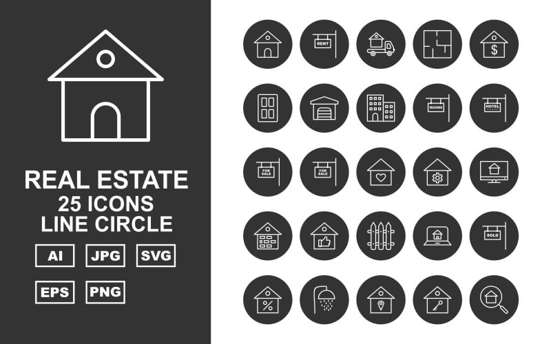 Download Набор иконок "25 Premium Real Estate Line Circle Icon Set" / 25 Premium Real Estate Line Circle Icon Set - Набор иконок на тему city home,appartment,sale,lcd,brick,like,fence,laptop,sold,shower,location,key,search,rent,delivery van,door,garage,building,rooms,hotel