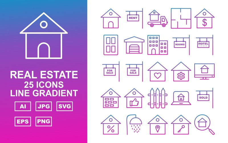 Download Набор иконок "25 Premium Real Estate Line Gradient Icon Set" / 25 Premium Real Estate Line Gradient Icon Set - Набор иконок на тему city home,appartment,sale,lcd,brick,like,fence,laptop,sold,shower,location,key,search,rent,delivery van,door,garage,building,rooms,hotel