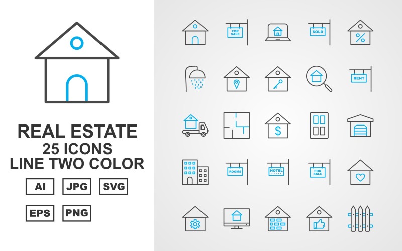 Download Набор иконок "25 Premium Real Estate Line Two Color Icon Set" / 25 Premium Real Estate Line Two Color Icon Set - Набор иконок на тему city home,appartment,sale,lcd,brick,like,fence,laptop,sold,shower,location,key,search,rent,delivery van,door,garage,building,rooms,hotel