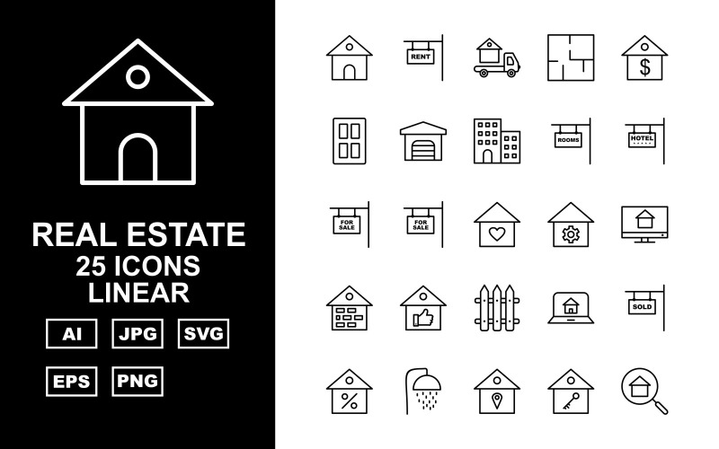 Download Набор иконок "25 Premium Real Estate Linear Icon Set" / 25 Premium Real Estate Linear Icon Set - Набор иконок на тему city home,appartment,sale,lcd,brick,like,fence,laptop,sold,shower,location,key,search,rent,delivery van,door,garage,building,rooms,hotel
