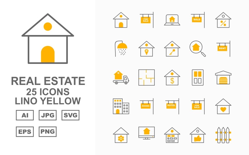 Download Набор иконок "25 Premium Real Estate Lino Yellow Icon Set" / 25 Premium Real Estate Lino Yellow Icon Set - Набор иконок на тему city home,appartment,sale,lcd,brick,like,fence,laptop,sold,shower,location,key,search,rent,delivery van,door,garage,building,rooms,hotel