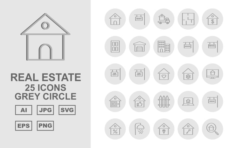 Sada ikon 25 prémiových nemovitostí šedý kruh