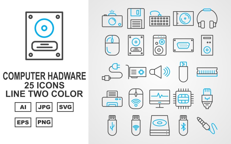 25 Set di icone a due colori della linea hardware per computer premium