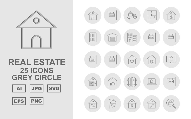 25 Set di icone del cerchio grigio immobiliare premium