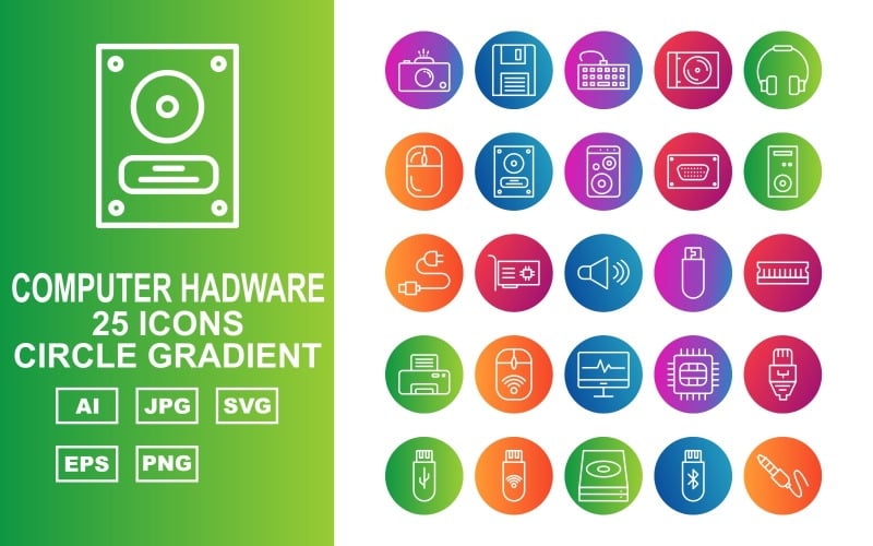 25 set di icone gradiente cerchio hardware computer premium