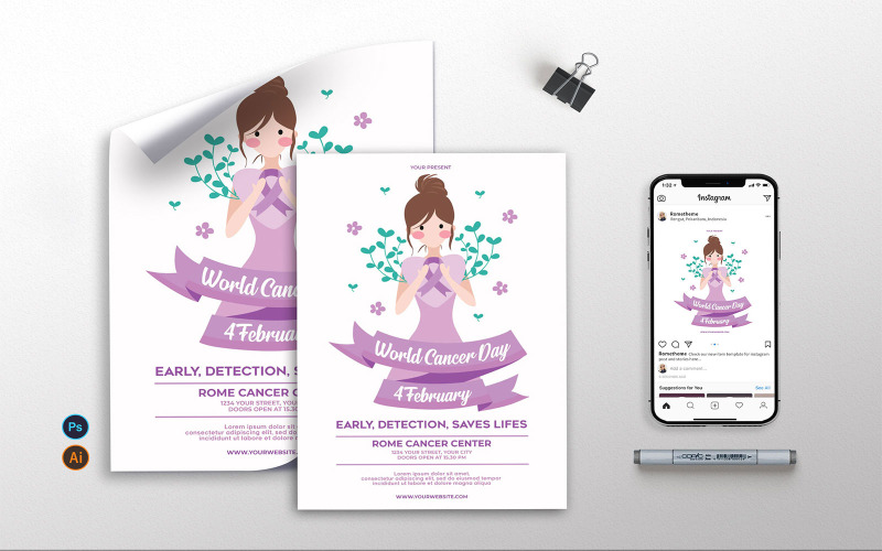 Download Фирменный стиль "World Cancer Day - Flyer, Poster &amp; Instagram AS" / World Cancer Day - Flyer, Poster &amp; Instagram AS - Фирменный стиль на тему графика cancer,organization,donation,flyer,template,awareness,healthy,health,help,event,print,ribbon,healthcare,support,illusration
