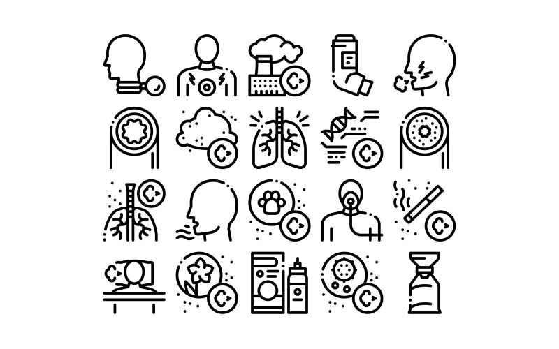Download Набор иконок "Asthma Sick Allergen Collection Set Vector Icon" / Asthma Sick Allergen Collection Set Vector Icon - Набор иконок на тему medical asthma,sick,allergen,collection,icons,set,vector,allergy,animal,smoke,flowers,factory,smog,dust,medical,tool,lungs,concept,linear,pictograms
