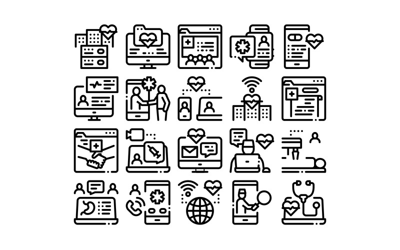 Download Набор иконок "Telemedicine Treatment Collection Set Vector Icon" / Telemedicine Treatment Collection Set Vector Icon - Набор иконок на тему medical telemedicine,treatment,collection,icons,set,vector,patient,online,medical,exam,internet,video,call,doctor,diagnostic,examination,concept,linear,pictograms,contour
