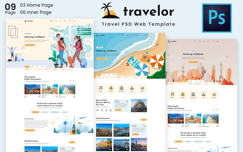 Travelor - PSD PSD-sjabloon voor reizen en boeken