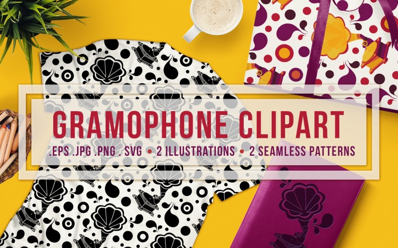 Download Pattern "Retro Gramophone Pattern" / Retro Gramophone Pattern - Pattern на тему графика vintage,logo,hand-drawn,illustration,design,retro,classic,fashion,decorative,vector,old,antique,texture,fabric,color,clipart,abstract,music,flat,musical,background,black,white,stencil,print,i