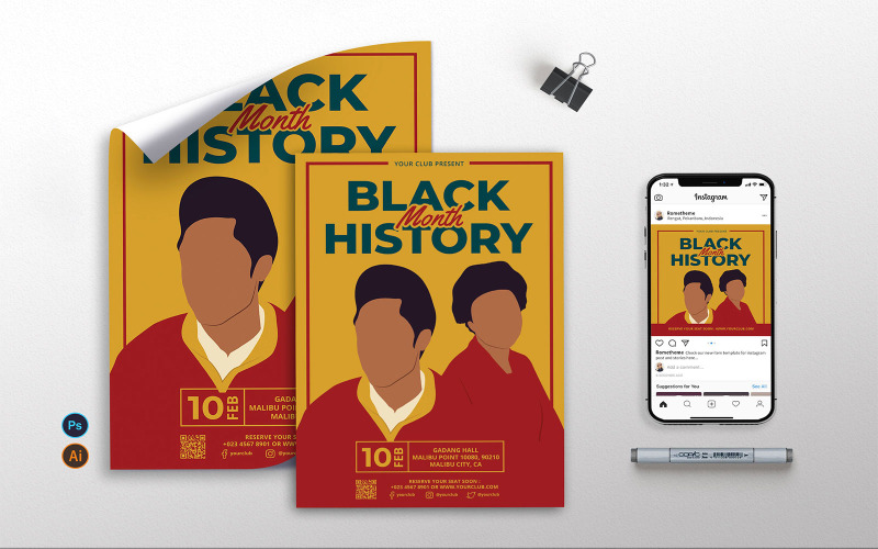 Download Фирменный стиль "Black History Month vol.3 - Flyer RB - Corporate Identity Template" / Black History Month vol.3 - Flyer RB - Corporate Identity Template - Фирменный стиль на тему графика black history month,event,template,black,print,clean,modern,history month,flyer,poster,instagram,psd,ai