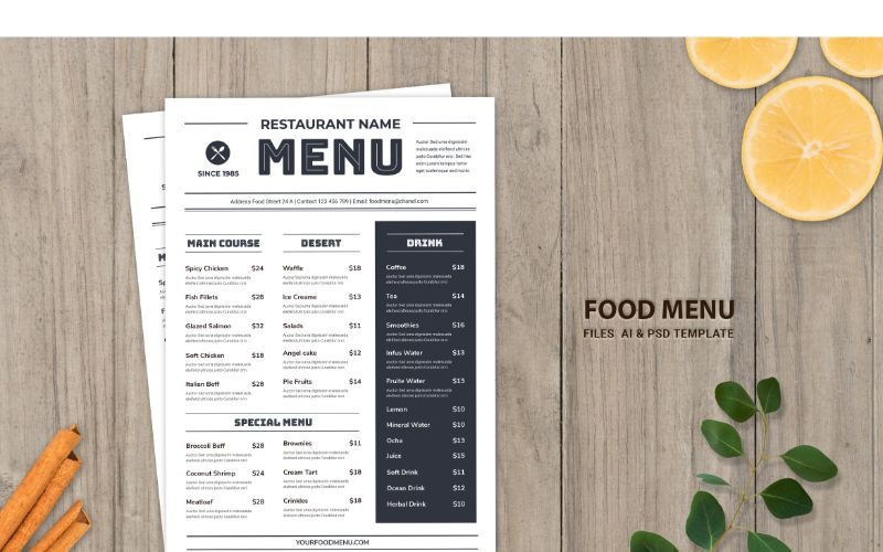 Download Фирменный стиль "Food Menu Black &amp; White - Corporate Identity Template" / Food Menu Black &amp; White - Corporate Identity Template - Фирменный стиль на тему графика adobe illustrator,adobe photoshop,bar,bundle,cafe,catering,coffee,shop,cookery,dishes,drink,food,list,menu,original,price,restaurant,taste
