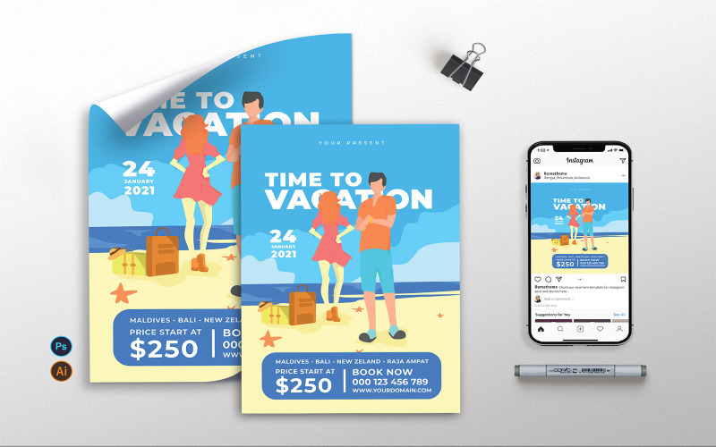 Download Фирменный стиль "Vacation vol.01 - Flyer, Poster TY - Corporate Identity Template" / Vacation vol.01 - Flyer, Poster TY - Corporate Identity Template - Фирменный стиль на тему графика vacation,time,holiday,travel,traveling,travelagency,travelagen,summer,nature,people,happy,party,holidaytime,flyer,poster,instagram,a3,a4,illustration