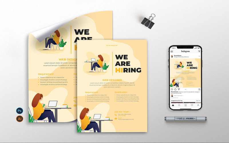 Download Фирменный стиль "Web Designer Hiring - Flyer KF - Corporate Identity Template" / Web Designer Hiring - Flyer KF - Corporate Identity Template - Фирменный стиль на тему графика flyer,poster,instagram  post,print,template,hiring,corporate,yellow,illustration,minimalist,clean,agency,business