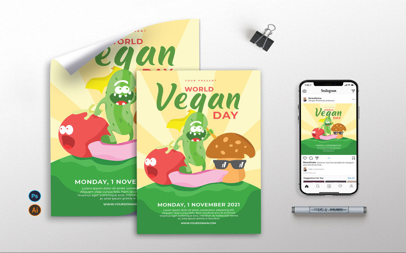 Download Фирменный стиль "World Vegan Day vol.01 - Flyer TY - Corporate Identity Template" / World Vegan Day vol.01 - Flyer TY - Corporate Identity Template - Фирменный стиль на тему графика illustration,event,party,celebration,vegan,flyer,poster,instagram,a3,a4