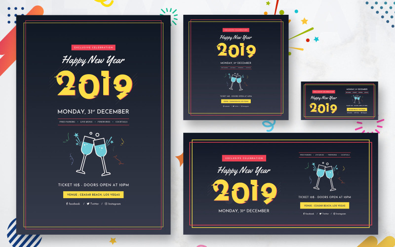Download Шаблон для соцсетей "New Year Pack Social Media Template" / New Year Pack Social Media Template - Шаблон для соцсетей на тему графика new,year,flyer,social,media,template,instagram,twitter,facebook,offers,party,dj,music,celebration,celebrations