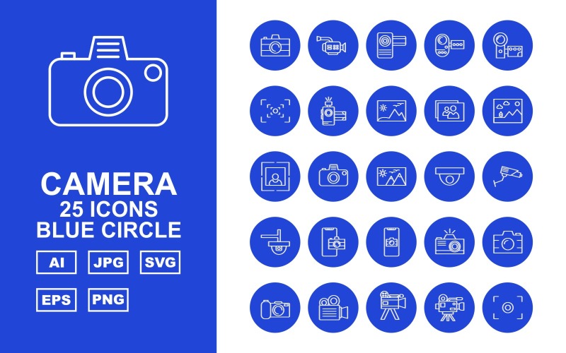 Conjunto de ícones de círculo azul de 25 câmeras premium