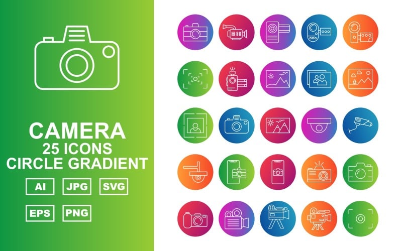 25 Conjunto de ícones de gradiente de círculo de câmera premium