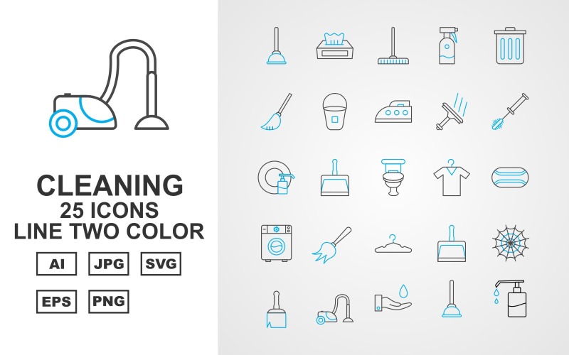 25 Conjunto de iconos de dos colores de línea de limpieza premium