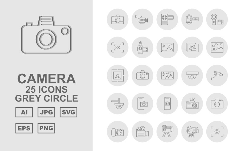 25 Premium Camera Grey Circle Icon Set
