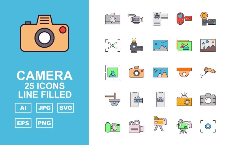 Download Набор иконок "25 Premium Camera Line Filled Icon Set" / 25 Premium Camera Line Filled Icon Set - Набор иконок на тему computer camera,video camera,handycam,video,focus,camcorder,photo,gallery,image,cctv,mobile,media,movie,apple phona,ipade,icon,icons