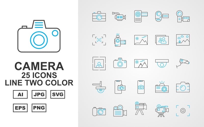 25 Premium Camera Line Two Color Icon Set