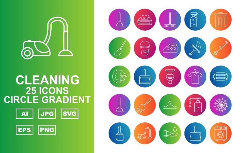 Download Набор иконок "25 Premium Cleaning Circle Gradient Icon Set" / 25 Premium Cleaning Circle Gradient Icon Set - Набор иконок на тему industrial plunger,box,clean,bucket,barber,bin,broom,iron,brush,cleaning,dustpan,bathroom,t shirt,bathsoap,washing machine,equipment,clothes hanger,shower soap,cobweb,vacum