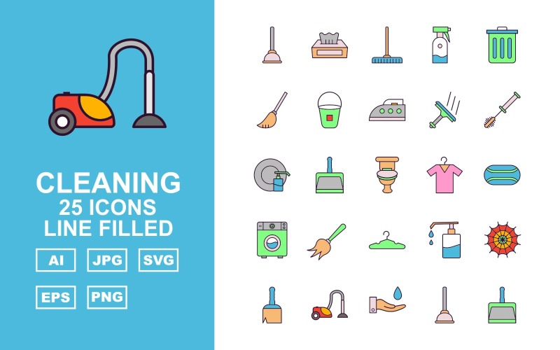 Download Набор иконок "25 Premium Cleaning Line Filled Icon Set" / 25 Premium Cleaning Line Filled Icon Set - Набор иконок на тему industrial plunger,box,clean,bucket,barber,bin,broom,iron,brush,cleaning,dustpan,bathroom,t shirt,bathsoap,washing machine,equipment,clothes hanger,shower soap,cobweb,vacum