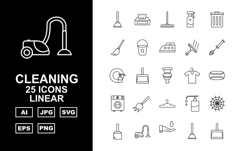 Download Набор иконок "25 Premium Cleaning Linear Icon Set" / 25 Premium Cleaning Linear Icon Set - Набор иконок на тему industrial plunger,box,clean,bucket,barber,bin,broom,iron,brush,cleaning,dustpan,bathroom,t shirt,bathsoap,washing machine,equipment,clothes hanger,shower soap,cobweb,vacum