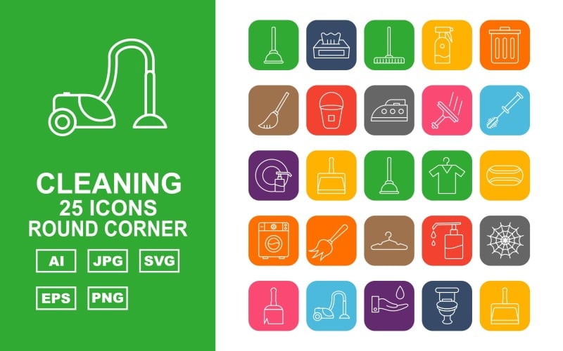 Download Набор иконок "25 Premium Cleaning Round Corner Icon Set" / 25 Premium Cleaning Round Corner Icon Set - Набор иконок на тему industrial plunger,box,clean,bucket,barber,bin,broom,iron,brush,cleaning,dustpan,bathroom,t shirt,bathsoap,washing machine,equipment,clothes hanger,shower soap,cobweb,vacum