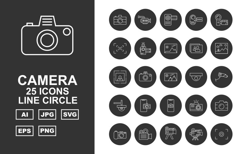 25 Premium kamera linje cirkel ikonuppsättning