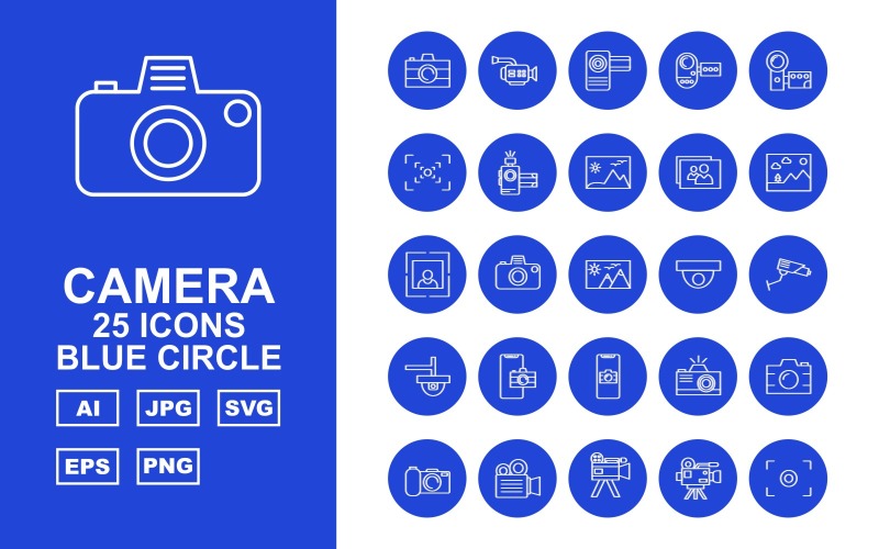 25 set di icone cerchio blu fotocamera premium