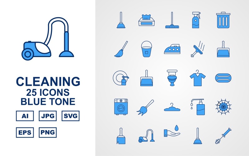 25 Set di icone di pulizia premium tonalità blu