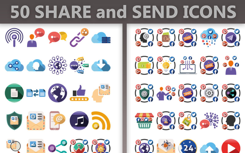 Download Набор иконок "50 Share and Send Icon Set" / 50 Share and Send Icon Set - Набор иконок на тему social media broadcast,cloud,server,social media,social network,call,chat,clock,communication,contact,email,globe,internet,location,mail,message,mobile,online,phone,support