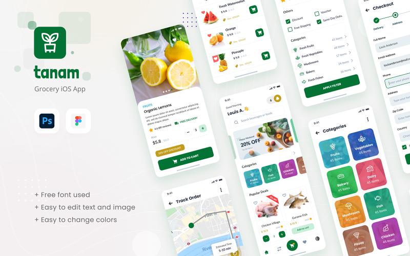 Tanam - Potraviny iOS App Design šablony prvky uživatelského rozhraní