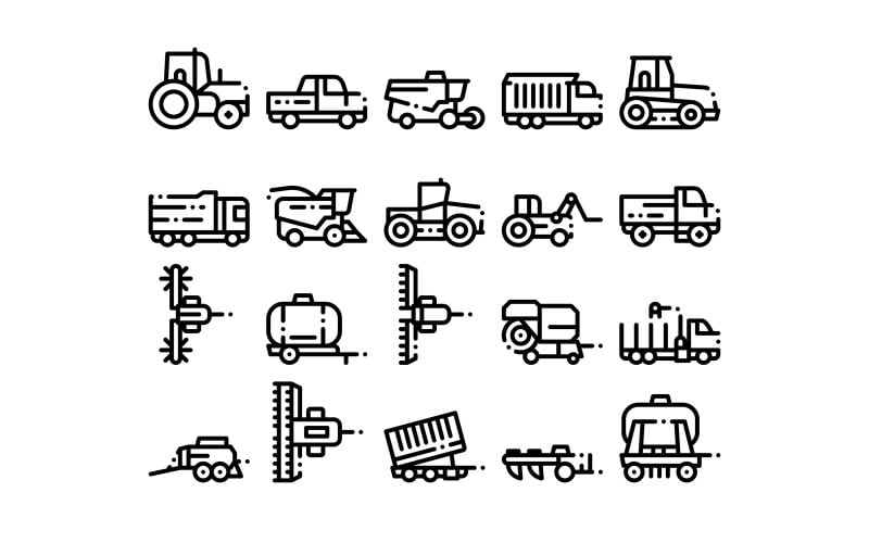 Download Набор иконок "Agricultural Vehicles Vector Thin Line Set Icon" / Agricultural Vehicles Vector Thin Line Set Icon - Набор иконок на тему industrial transportation,industrial,harvesting,agriculture,harvester,trailer,farm,tractor,modern,agronomy,transport,industry,farming,harvest,machinery,machine,truck,combine,equipment,technology