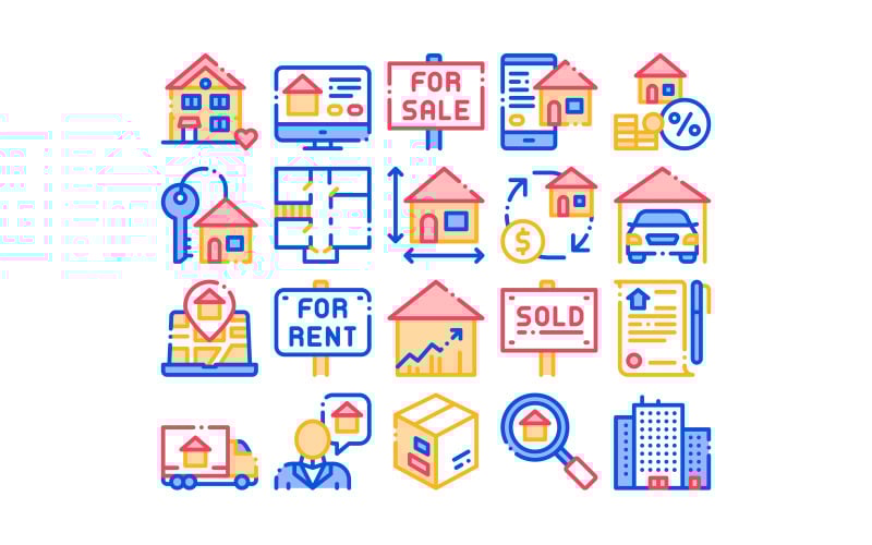 Download Набор иконок "Building House Sale Vector Thin Line Set Icon" / Building House Sale Vector Thin Line Set Icon - Набор иконок на тему city building,house,sale,rent,tablet,smartphone,application,linear,pictograms,garage,skyscraper,truck,cargo