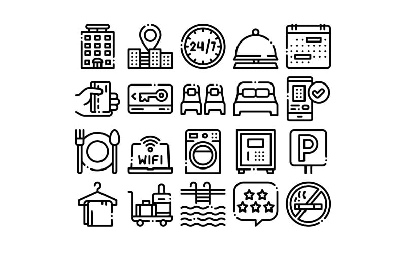 Download Набор иконок "Collection Hostel Elements Vector Sign Set Icon" / Collection Hostel Elements Vector Sign Set Icon - Набор иконок на тему text hostel,elements,collection,vector,sign,icons,set,building,location,calendar,parking,symbol,bed,laundry,machine,linear,pictograms,wifi,internet,contour