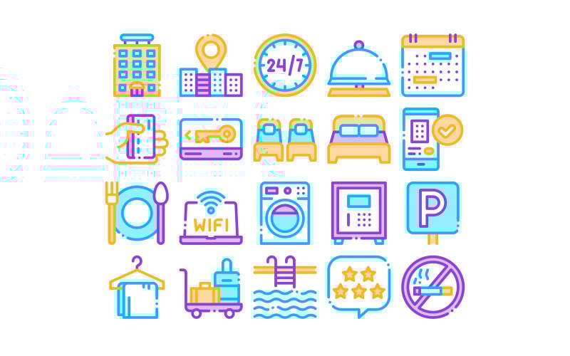 Download Набор иконок "Collection Hostel Elements Vector Sign Set Icon" / Collection Hostel Elements Vector Sign Set Icon - Набор иконок на тему text hostel,elements,collection,vector,sign,icons,set,building,location,calendar,parking,symbol,bed,laundry,machine,linear,pictograms,wifi,internet,color