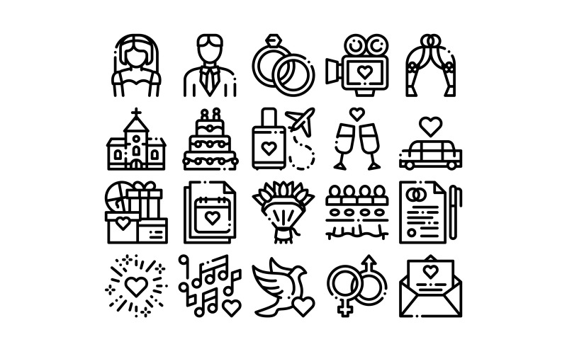 Download Набор иконок "Collection Wedding Vector Thin Line Set Icon" / Collection Wedding Vector Thin Line Set Icon - Набор иконок на тему culture wedding,collection,vector,thin,line,icons,set,characters,bride,groom,rings,limousine,elements,linear,pictograms,church,arch,fireworks,dancing,contour